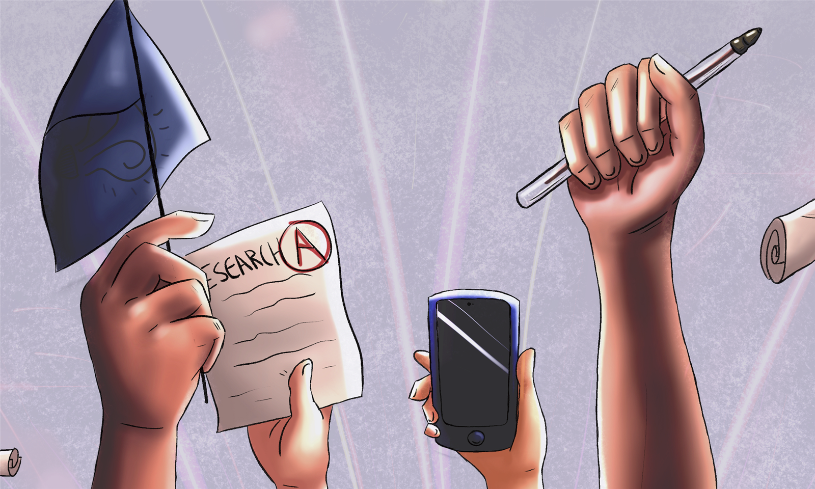 A drawing of hands in the air holding a pen, a research paper, a flag and a cellphone